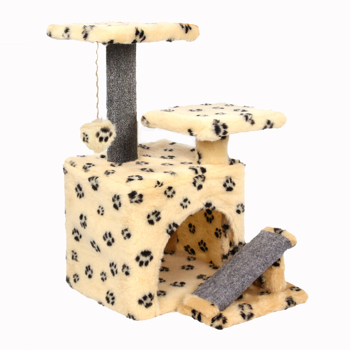 Домик для кошек Меридиан с когтеточкой, бежевый с черным, мех, ДСП, 30х30х65 см