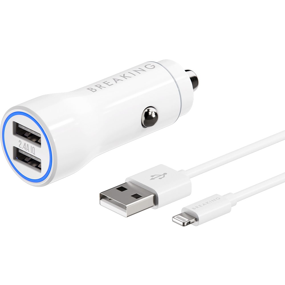 Автомобильное зарядное устройство Breaking A16 2USB, 2.4A+кабель USB-A - Lightning (Белый)