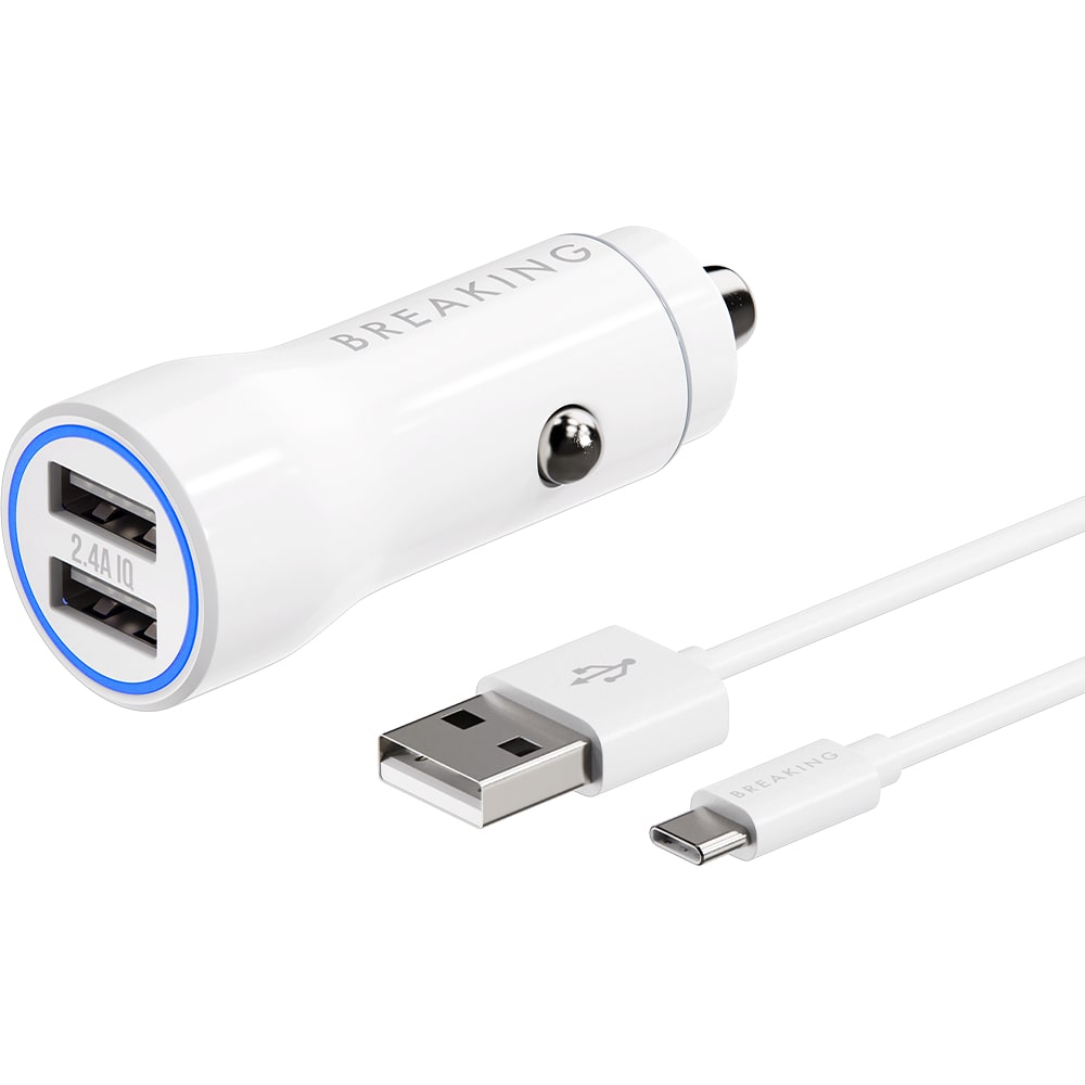 Автомобильное зарядное устройство Breaking A18 2USB, 2.4A + кабель USB-A - USB-C (Белый)