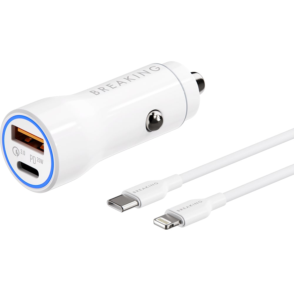 АЗУ Breaking A20 1USB + USB-C, QC 3.0, PD 20W, 3A + кабель USB-C - Lightning (Белый)