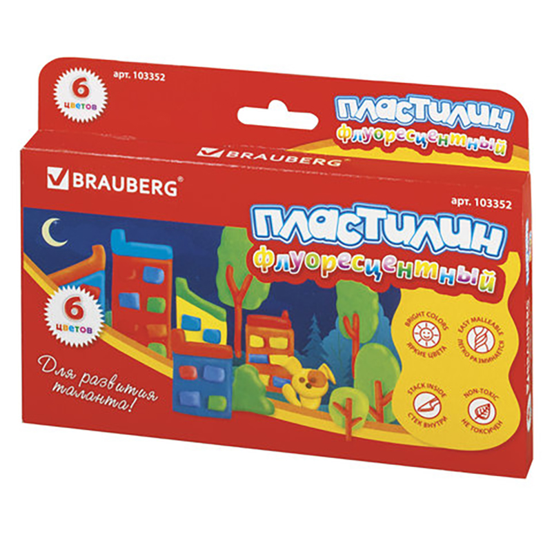 

Пластилин флуоресцентный BRAUBERG, 6 цветов, 90 г, со стеком, картонная упаковка, 103352, plasticine-s-154