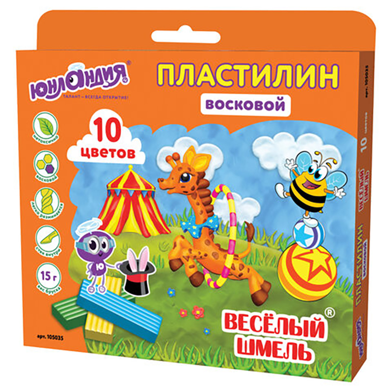 

Пластилин восковой ЮНЛАНДИЯ ВЕСЕЛЫЙ ШМЕЛЬ, 10 цветов, 150 г, СО СТЕКОМ, 105035, plasticine-s-20