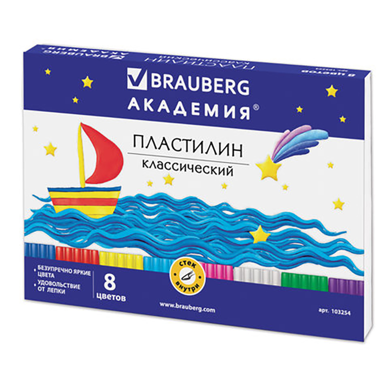 

Пластилин классический BRAUBERG, 8 цветов, 160 г, со стеком, картонная упаковка, 103254, plasticine-s-44