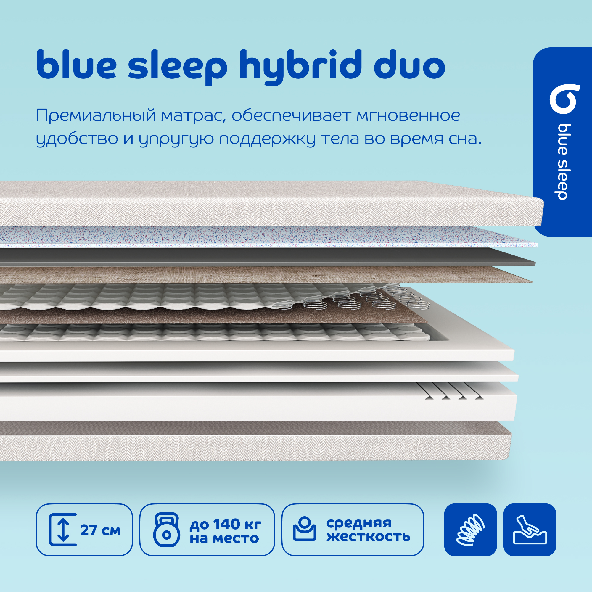 

Матрас Blue Sleep Hybrid Duo 200х140 см, Бежевый, Hybrid Duo