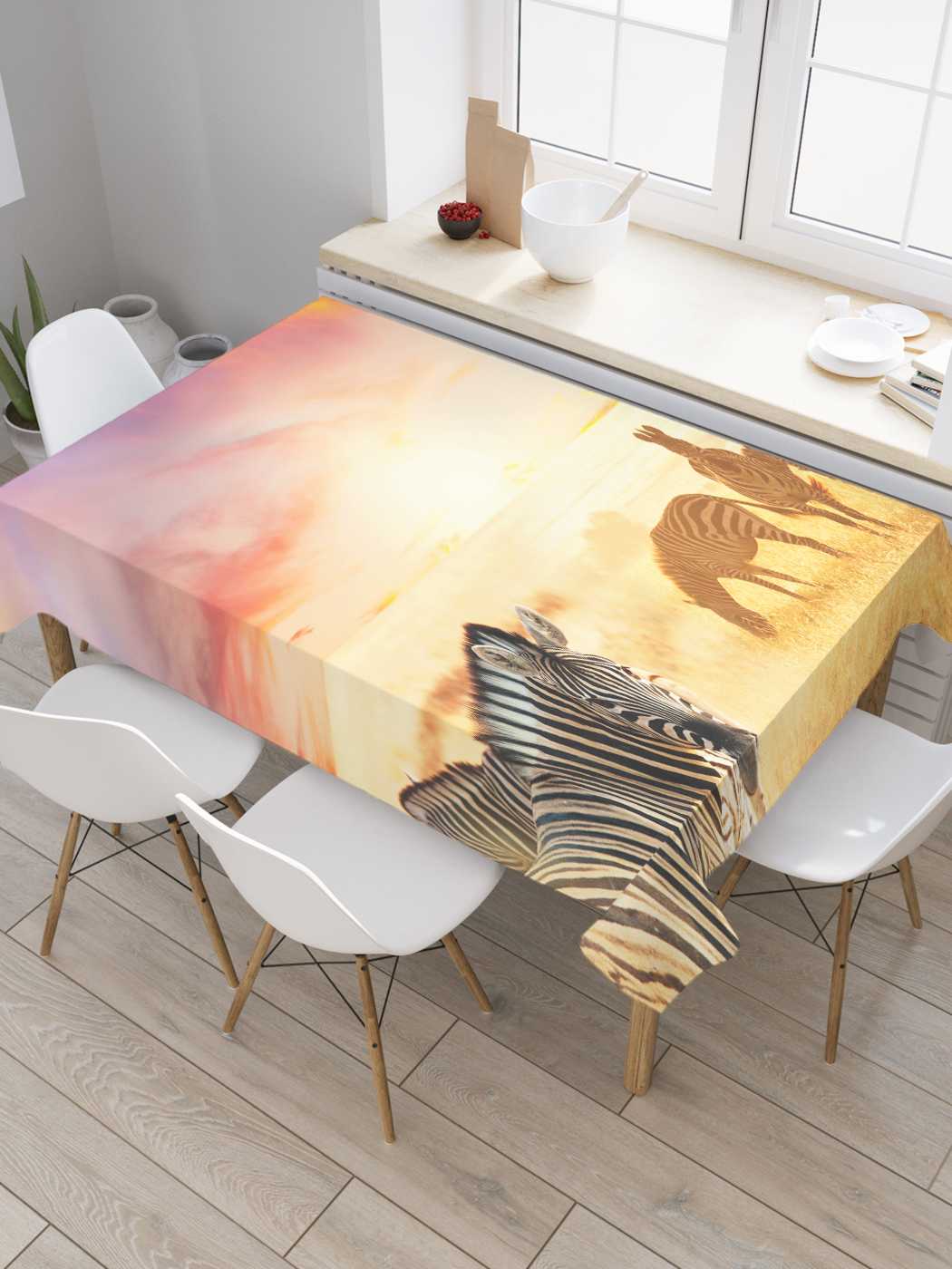 

Скатерть прямоугольная JoyArty "Мирные зебры" из оксфорда, 120x145 см, Желтый, Мирные зебры