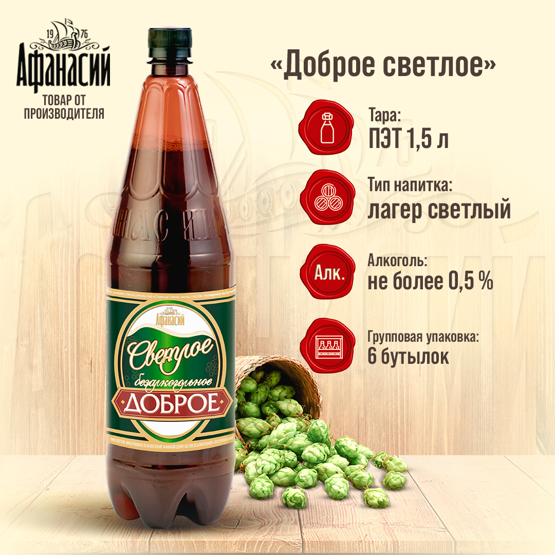 Пиво безалкогольное Афанасий Доброе светлое, 1,5 л 6 шт