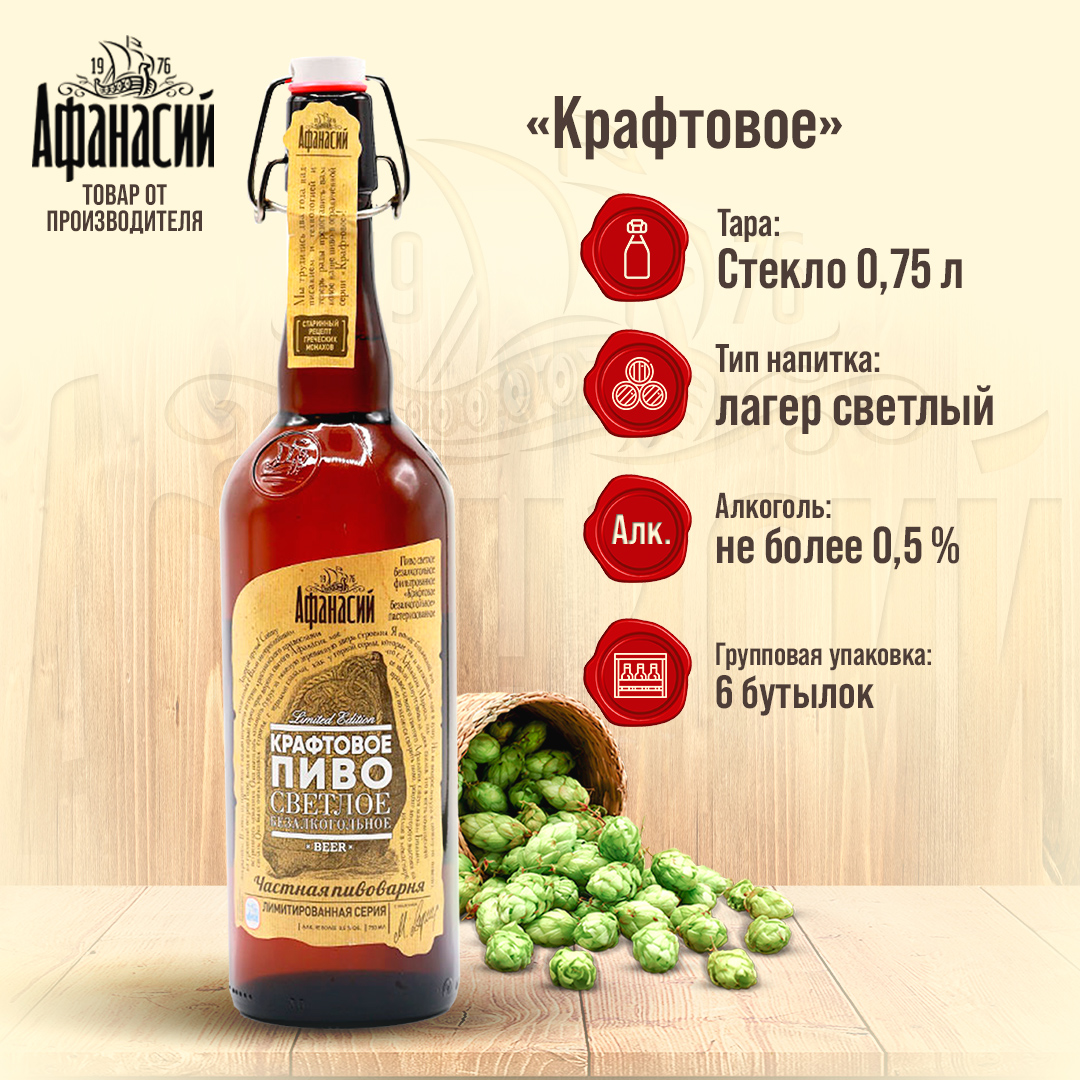 Пиво безалкогольное Афанасий Крафтовое светлое, 0,75 л 6 шт