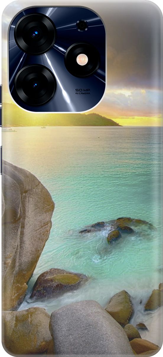 

Чехол на Tecno Spark 10 Pro "Закат на каменистом берегу", Бирюзовый;желтый, 159559