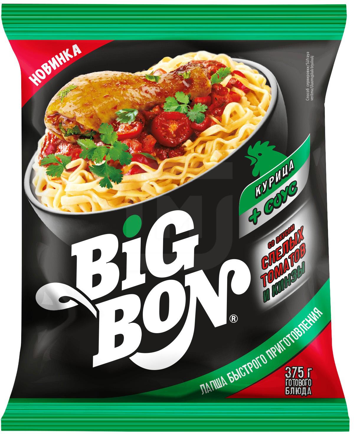 Лапша Big Bon со вкусом спелых томатов и кинзы с курицей и соусом 75 г