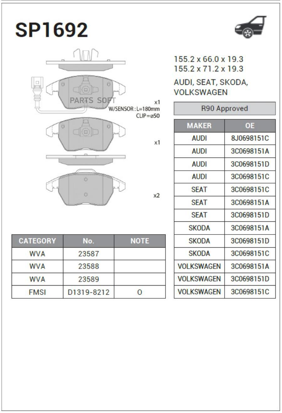 

Тормозные колодки Sangsin brake передние SP1692, SP1692