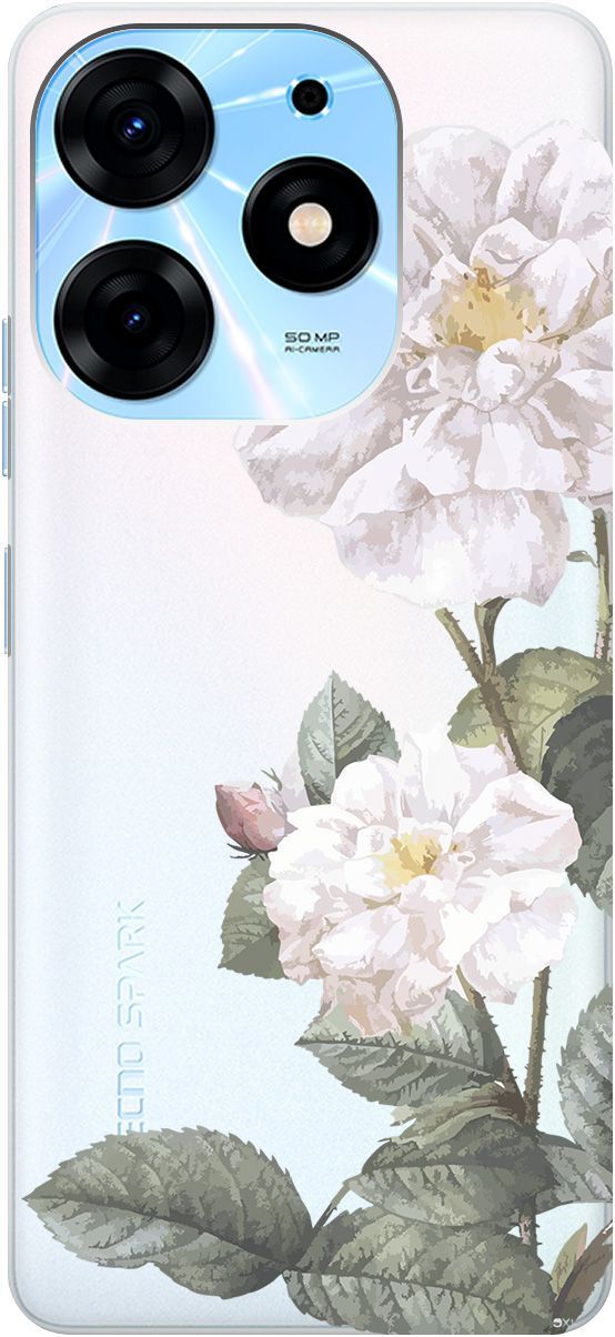 

Чехол на Tecno Spark 10 Pro с 3D принтом "White Rose" прозрачный, Прозрачный;черный, 159565