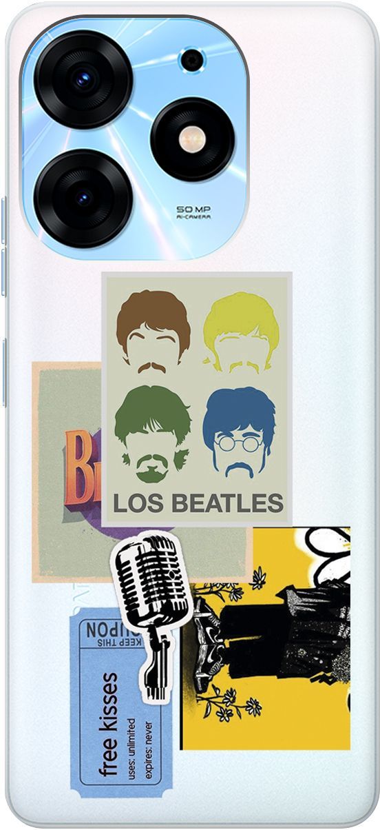 

Чехол на Tecno Spark 10 Pro "Beatles Stickers" прозрачный, Прозрачный;бежевый, 159565