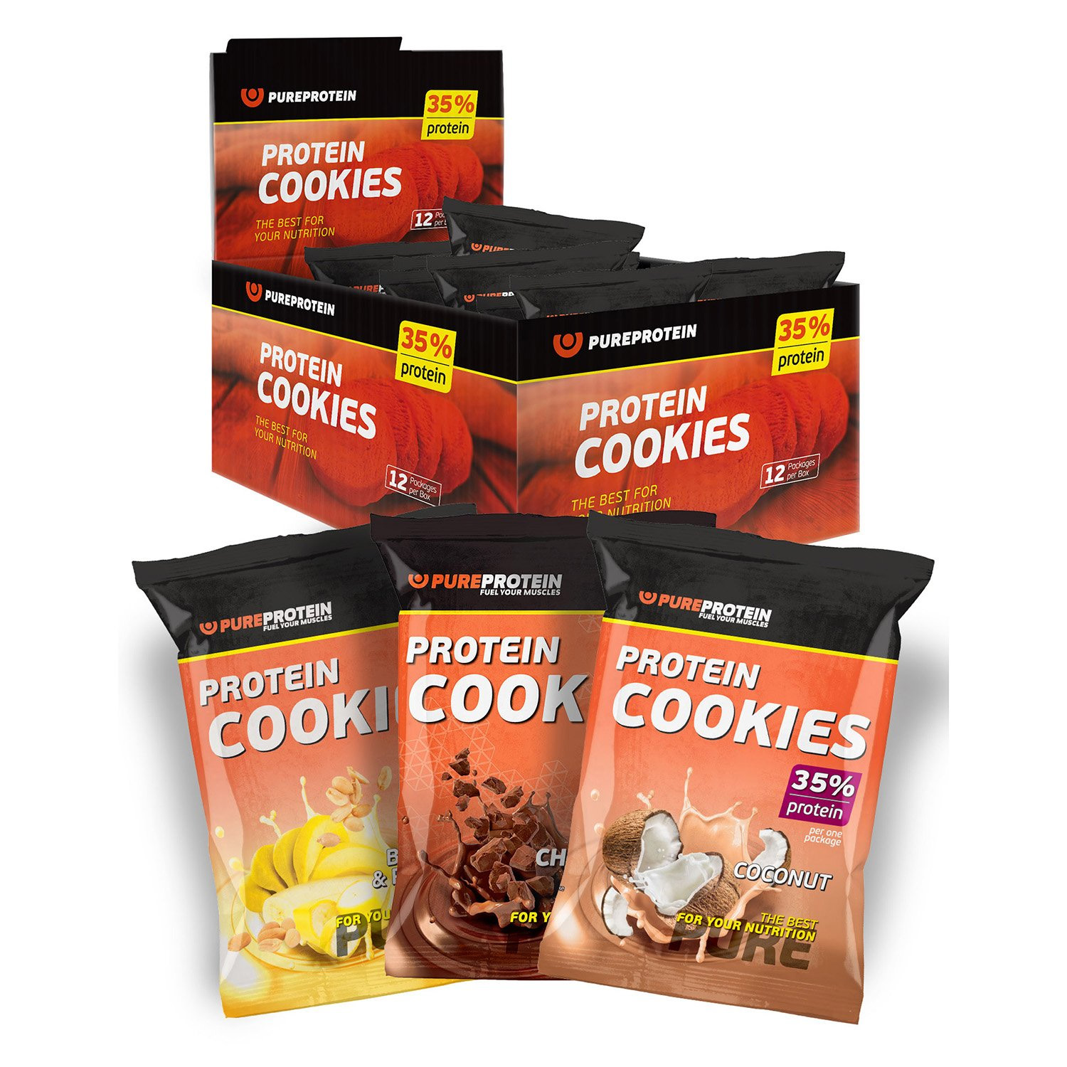 фото Высокобелковое печенье protein cookies ассорти 80 г, 1 шт, вкус: банан-кокос-шоколад pureprotein