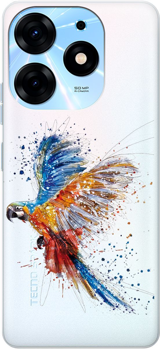 

Чехол на Tecno Spark 10 Pro с 3D принтом "Colorful Parrot" прозрачный, Прозрачный;голубой, 159565