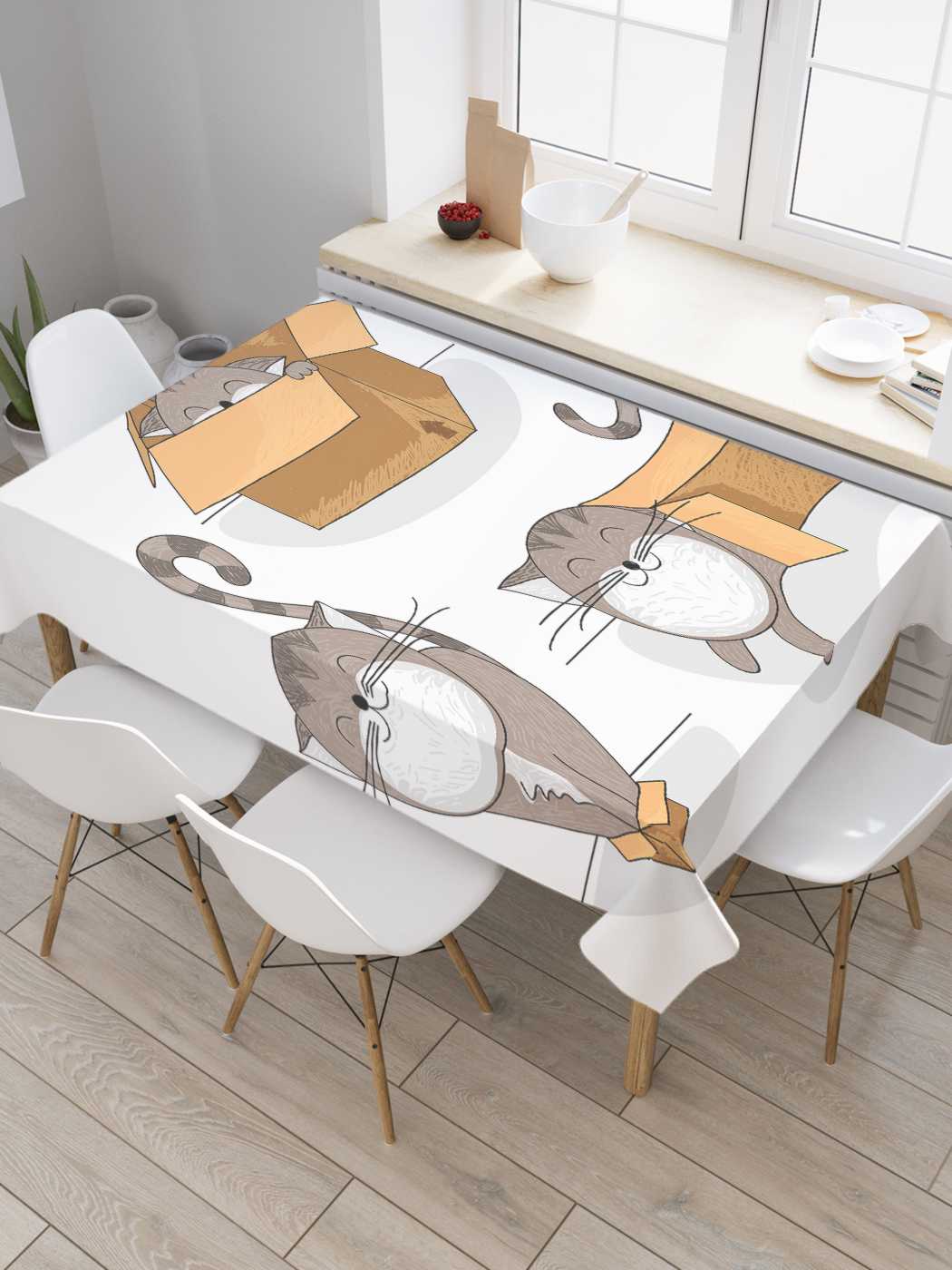 

Скатерть прямоугольная JoyArty "Коты и коробки" из оксфорда, 120x145 см, Белый, Коты и коробки