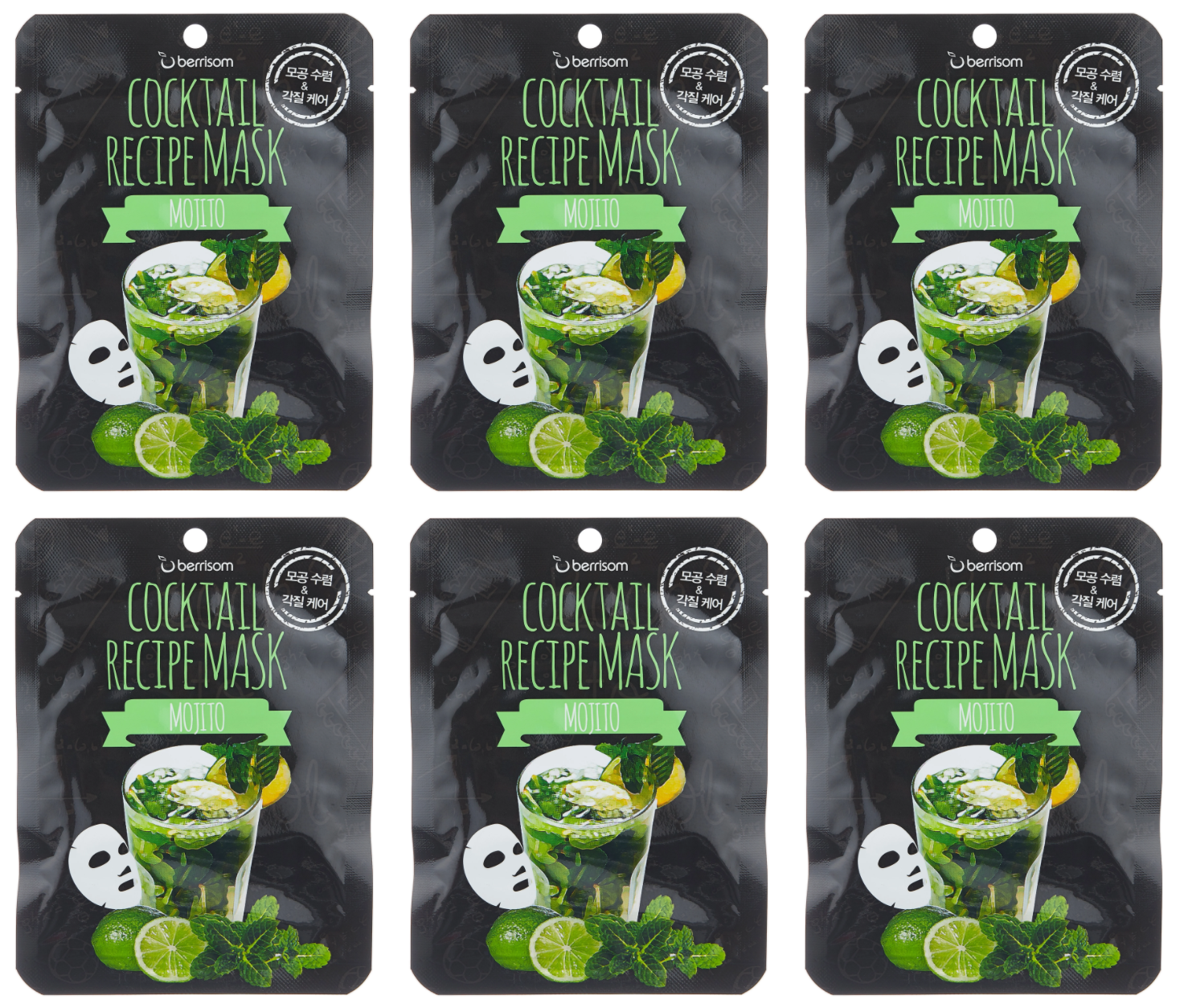 

Маска Berrisom на тканевой основе для лица Cocktail Recipe Mask - Mojito 20гр,6 шт/уп
