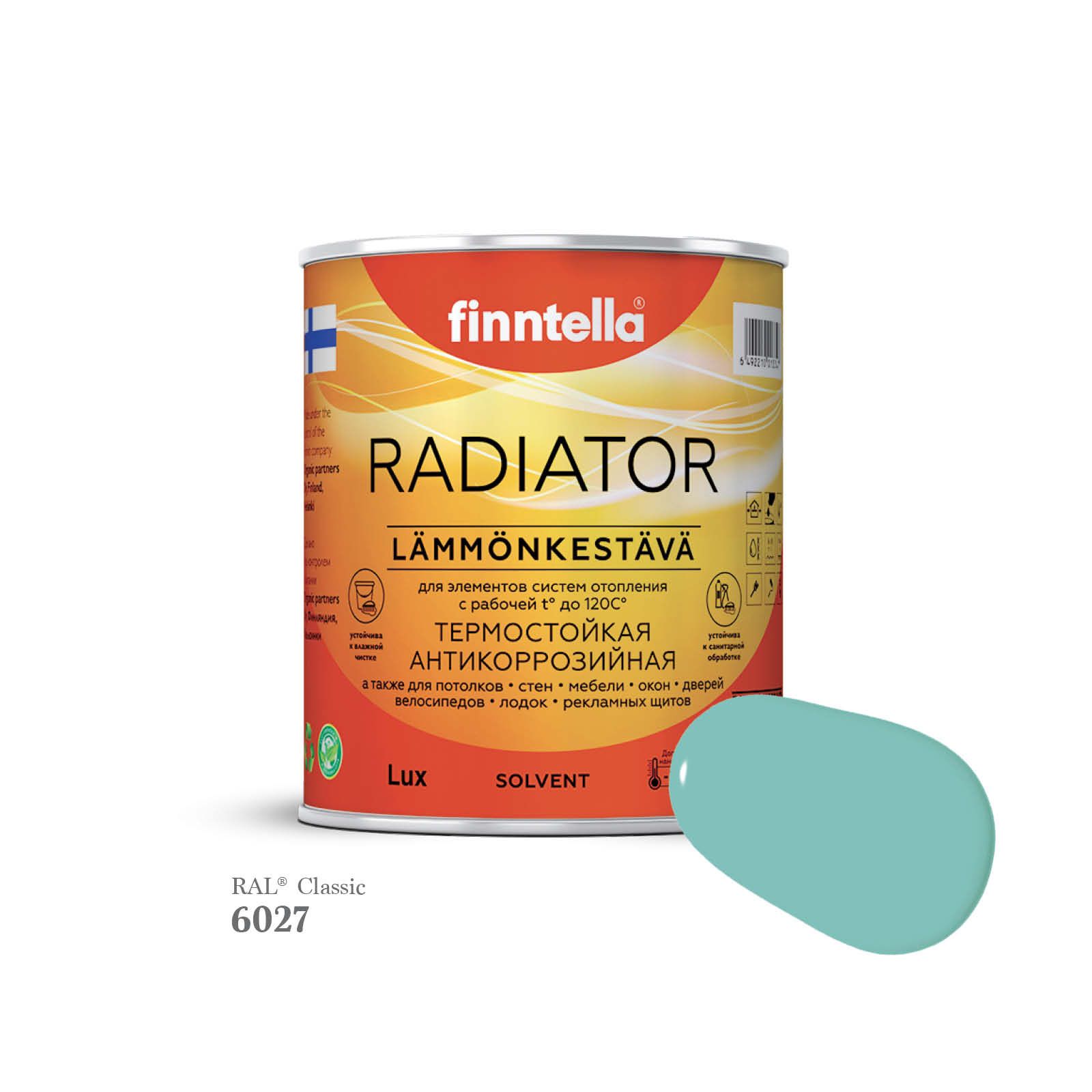 

Краска для радиаторов быстросохнущая финская эмаль FINNTELLA RADIATOR, цвет RAL6027 , 0,9л, Зеленый, RADIATOR RAL