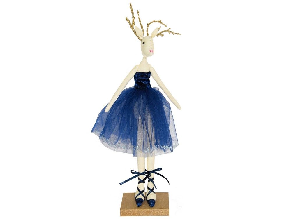 фото Новогодняя фигурка олениха балерина стоящая, текстиль, синяя, 30 см., due esse christmas