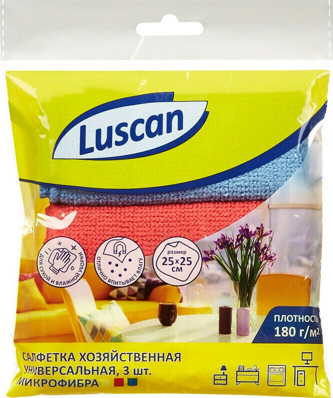 

Салфетки хозяйственные Luscan микрофибра 180г 25х25см, 2 упаковки по 3 шт. в каждой
