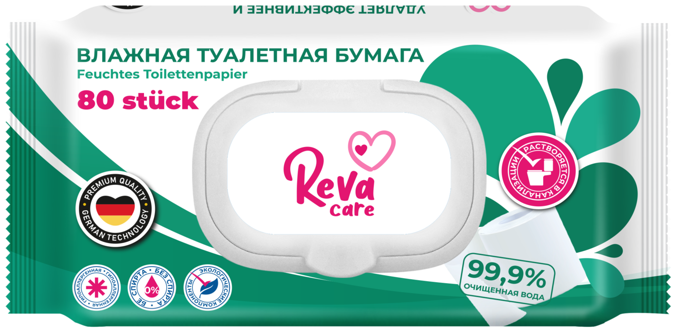 фото Влажная туалетная бумага reva care 80 шт