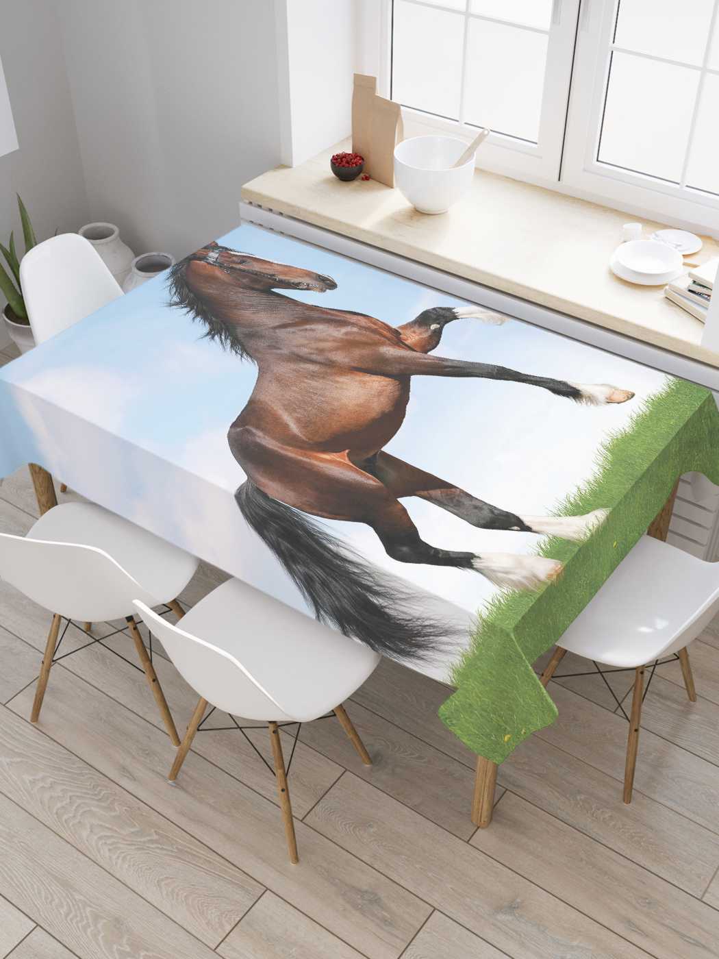 фото Скатерть прямоугольная joyarty "мощная лошадь" из оксфорда, 120x145 см
