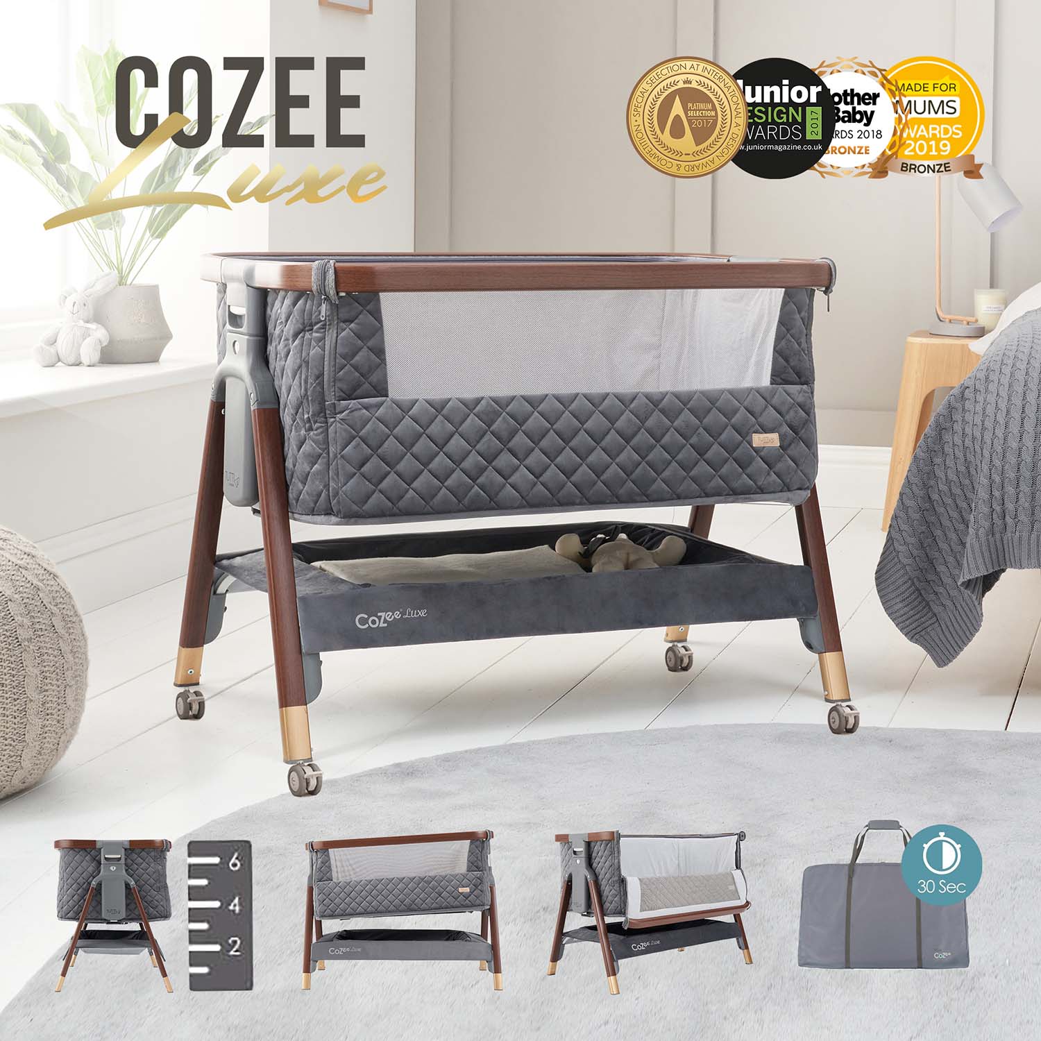 Колыбель Tutti Bambini CoZee Luxe Walnut/Slate с колесами 211208/6581