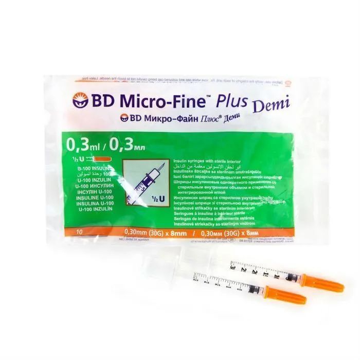

Шприц BD micro-fine 0,3мл 3-х компон.PLUS U-100ДЭМИ с интегрир. иглой 30G(0,3мм х 8мм)10шт