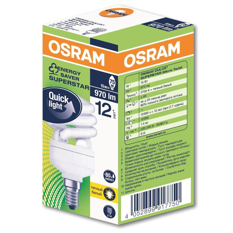 Лампа энергосберегающая Osram DSST MCTW 15W/827 220-240В E14, 1363173