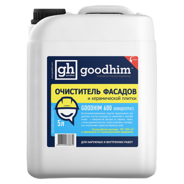 Goodhim ОЧИСТИТЕЛЬ ФАСАДОВ И КЕРАМИЧЕСКОЙ ПЛИТКИ600 - 5л Концентрат 1:5 38832 goodhim очиститель бассейнов и искусственных водоемов 550 eco без хлора 5 л 50095