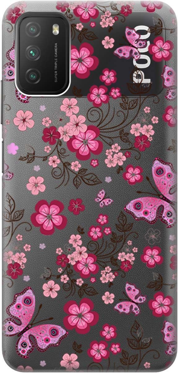 

Чехол на Xiaomi Redmi 9T "Butterflies and Flowers" прозрачный, Прозрачный;розовый, 313