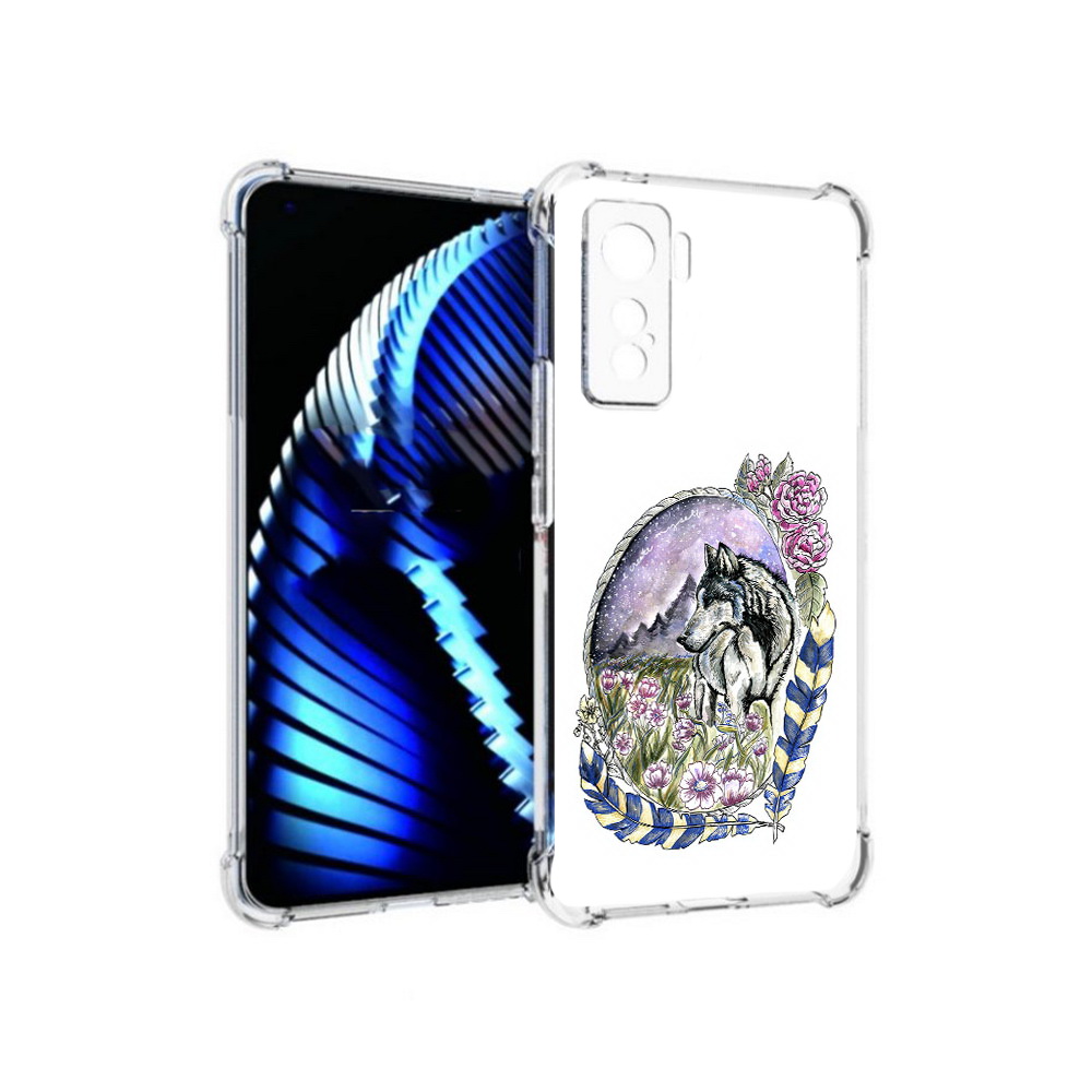 

Чехол MyPads Tocco для Vivo iQOO 5 нарисованный волк в цветах с перьями, Прозрачный, Tocco