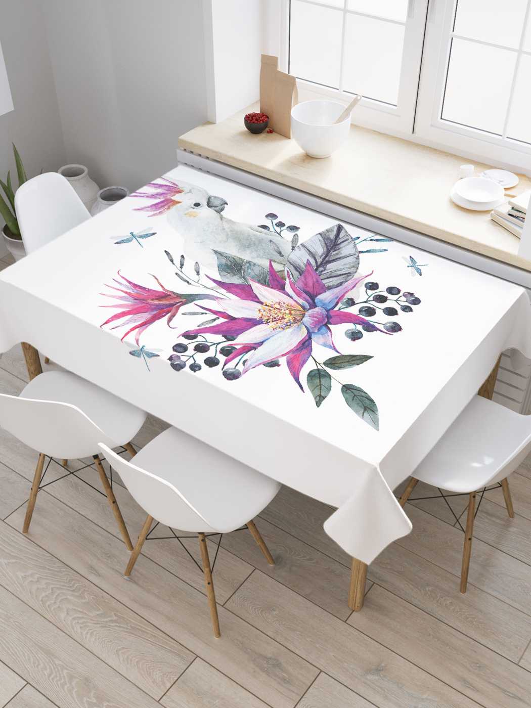 

Скатерть прямоугольная JoyArty "Попугай в цветах" из сатена, 120x145 см, Попугай в цветах