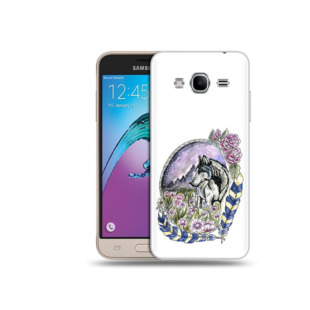 

Чехол MyPads Tocco для Samsung Galaxy J3 (2016) нарисованный волк в цветах с перьями, Прозрачный, Tocco