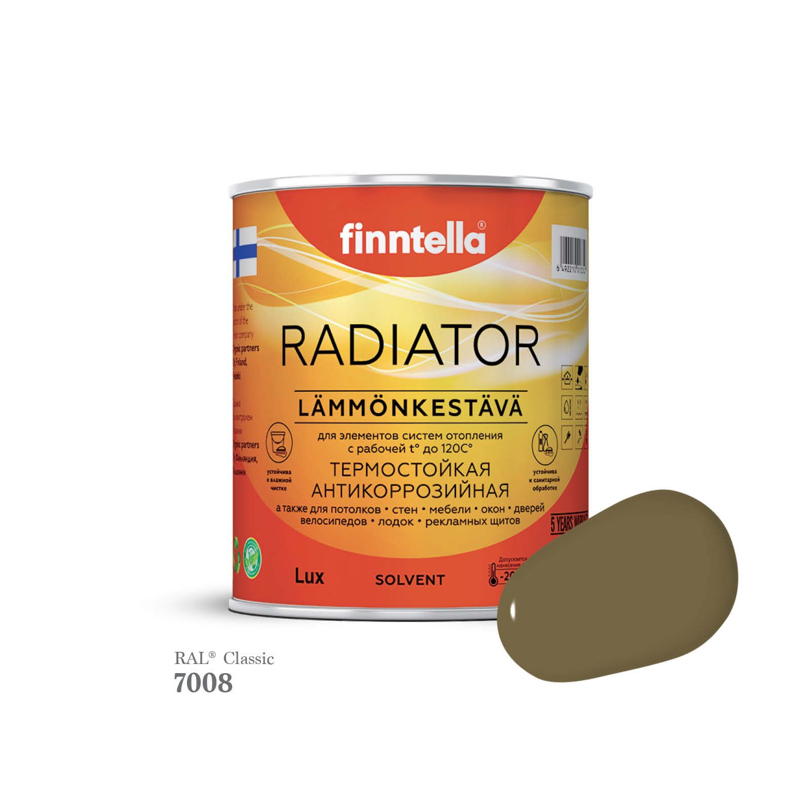 

Краска для радиаторов быстросохнущая финская эмаль FINNTELLA RADIATOR, цвет RAL7008 , 0,9л, Серый, RADIATOR RAL