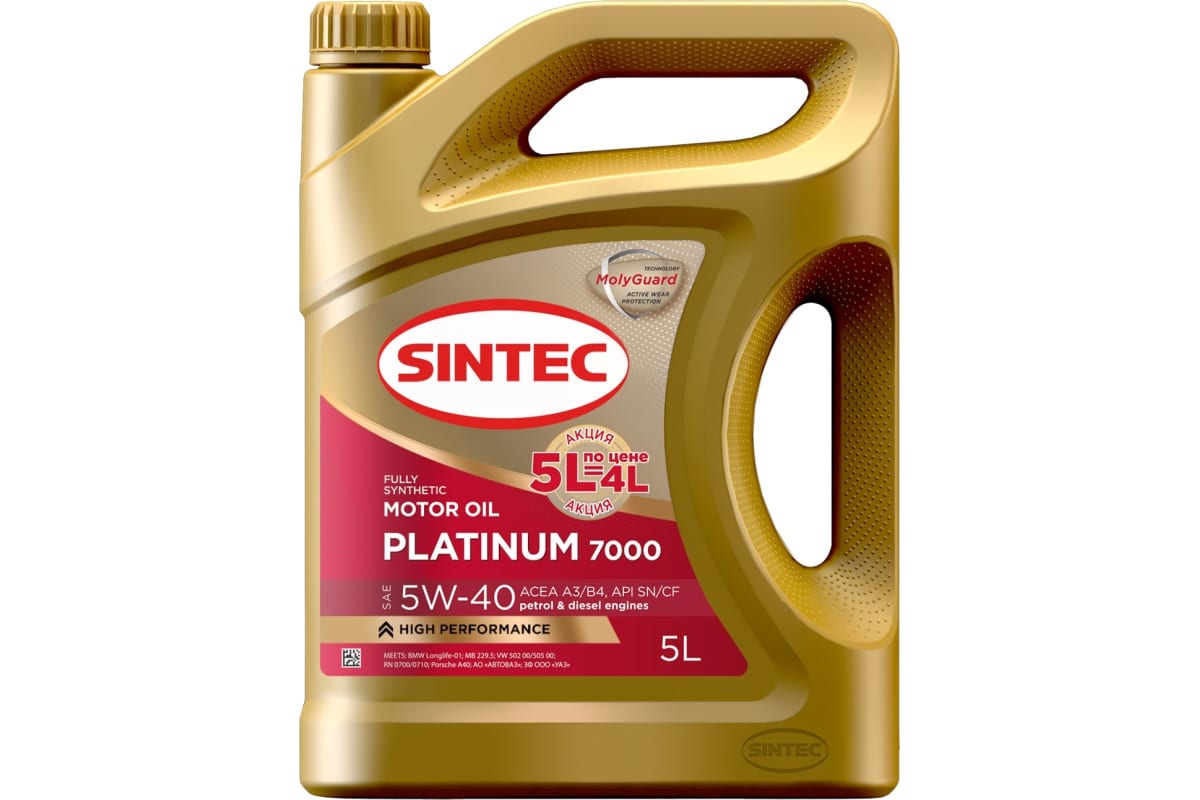 Моторное масло SINTEC platinum 7000 5w40 api sn/cf акция 5л по цене 4л