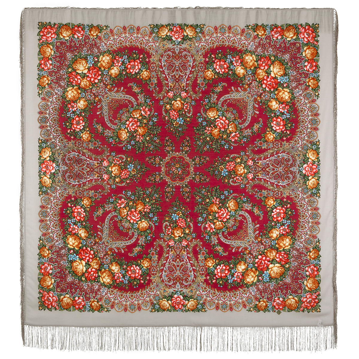 Платок женский Павловопосадский платок 1727 серый/бордовый/розовый/бежевый, 146х146 см