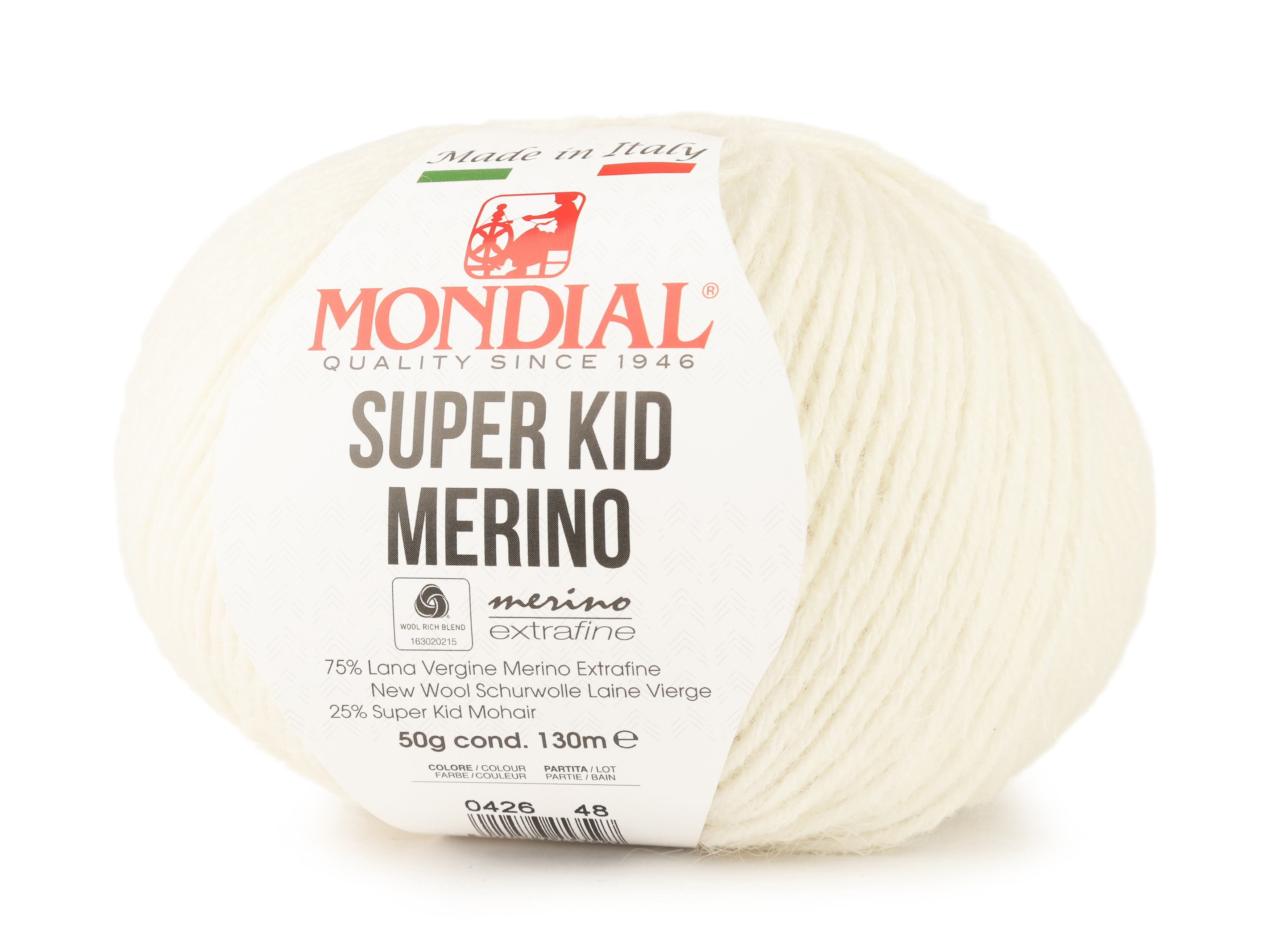 Пряжа для вязания Mondial Super kid merino цвет 426 молочный, 50 гр, 130 м