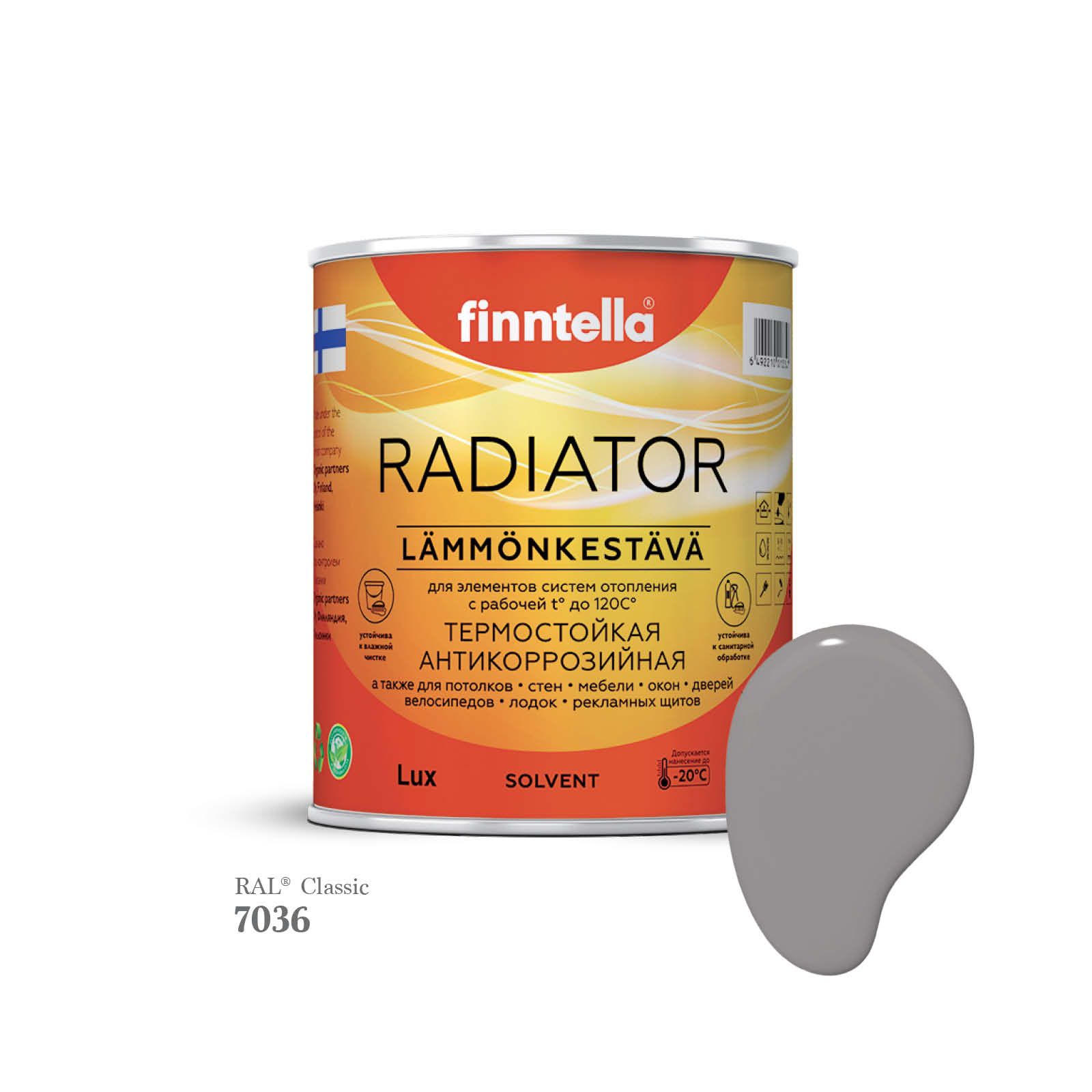 

Краска для радиаторов быстросохнущая финская эмаль FINNTELLA RADIATOR, цвет RAL7036 , 0,9л, Серый, RADIATOR RAL
