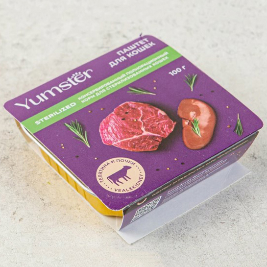 

Влажный корм для кошек Yumster, паштет с телятиной и почками, 100 г