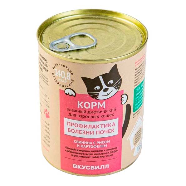 

Влажный корм для кошек ВкусВилл свинина, рис, картофель при болезни почек 340 г