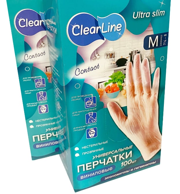 Перчатки виниловые Clear line прозрачные, размер M, 100 шт.