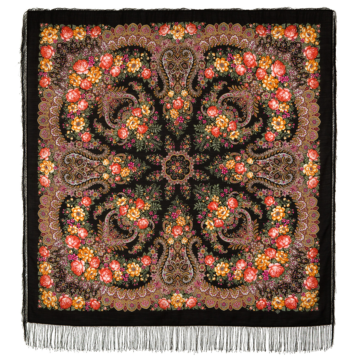 Платок женский Павловопосадский платок 1727 черный/желтый/оранжевый, 146х146 см