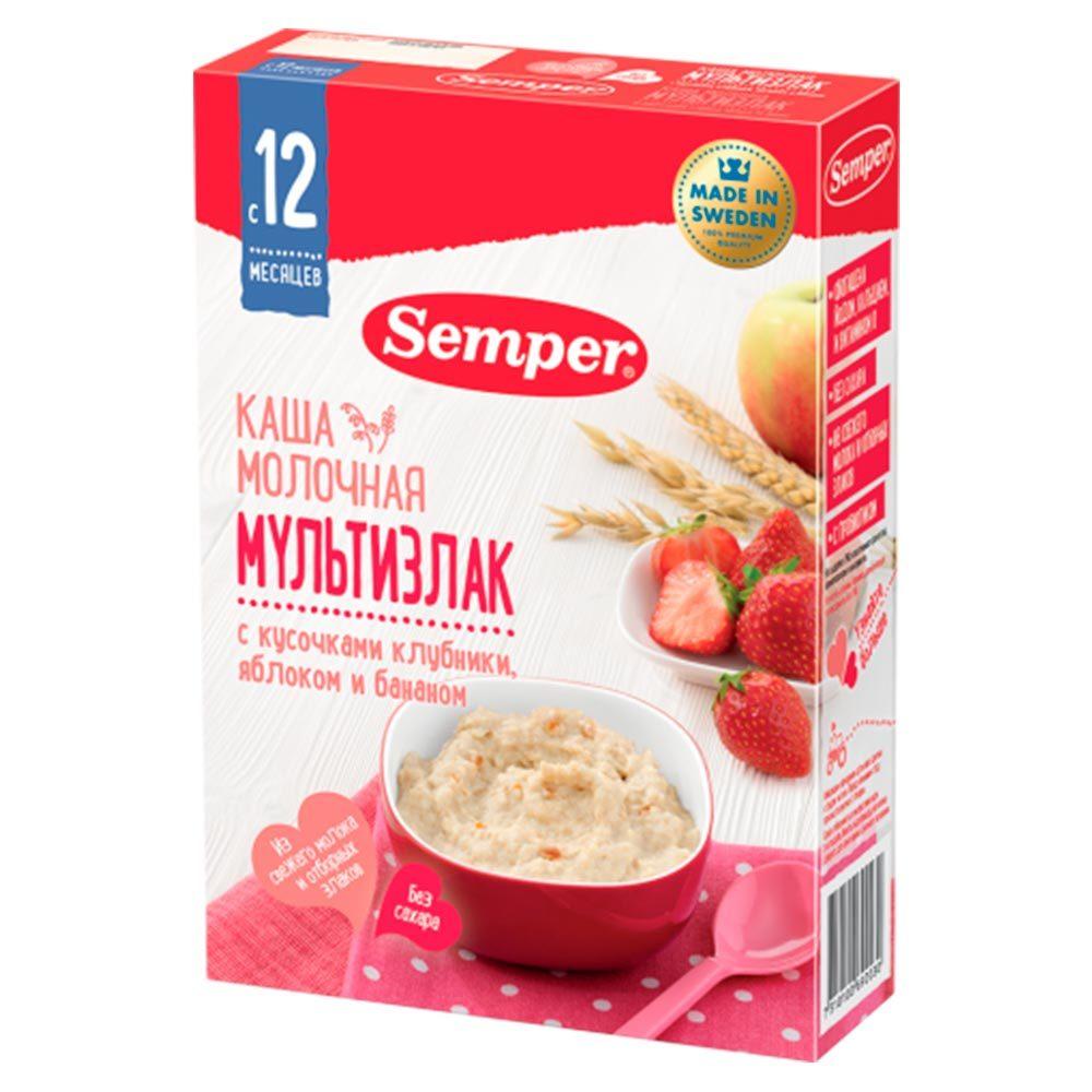 Каша Semper молочная мультизлак с кусочками клубники, яблоком и бананом, с 12 меc, 200 г
