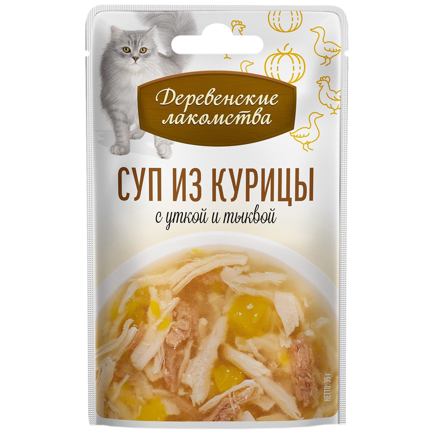 Лакомство для кошек Деревенские лакомства суп из курицы с уткой и тыквой 35 г