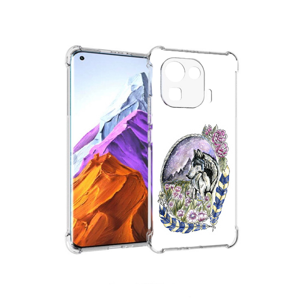 

Чехол MyPads Tocco для Xiaomi 11 Pro нарисованный волк в цветах с перьями, Прозрачный, Tocco