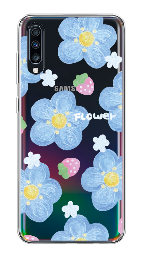 

Чехол на Samsung Galaxy A70 "Цветы и клубники", Прозрачный;голубой;белый, 28150-1