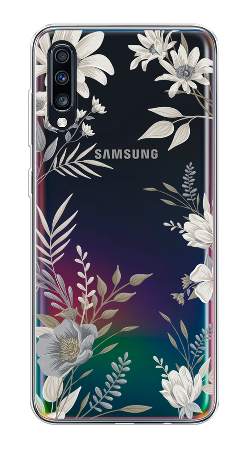 

Чехол на Samsung Galaxy A70 "Цветы сепия", Серый;прозрачный;зеленый;белый, 28150-1