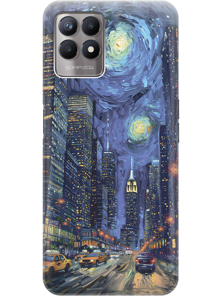 

Силиконовый чехол на Realme 8i с принтом "Ночной проспект", Прозрачный;синий;черный, 735001010