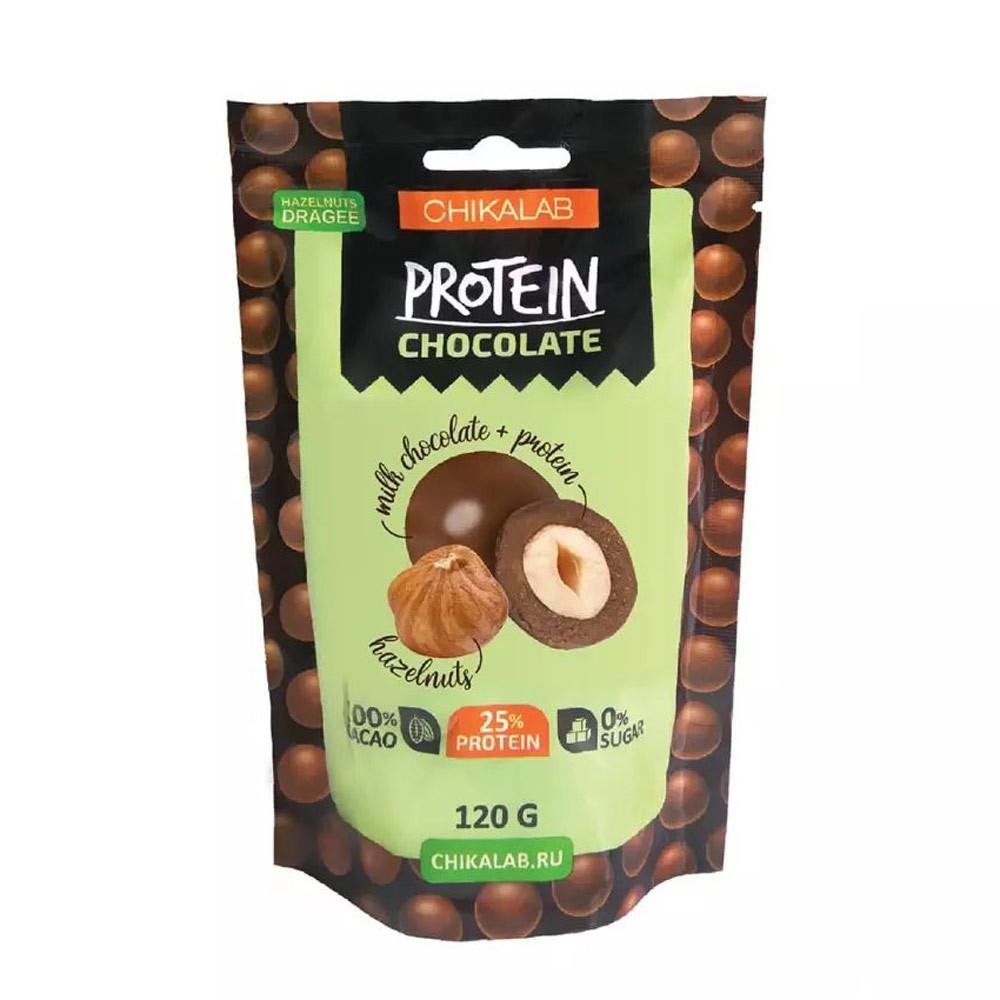 Драже Chikalab Protein Chocolate, 25% протеина, без сахара, фундук в шоколаде, 120 г