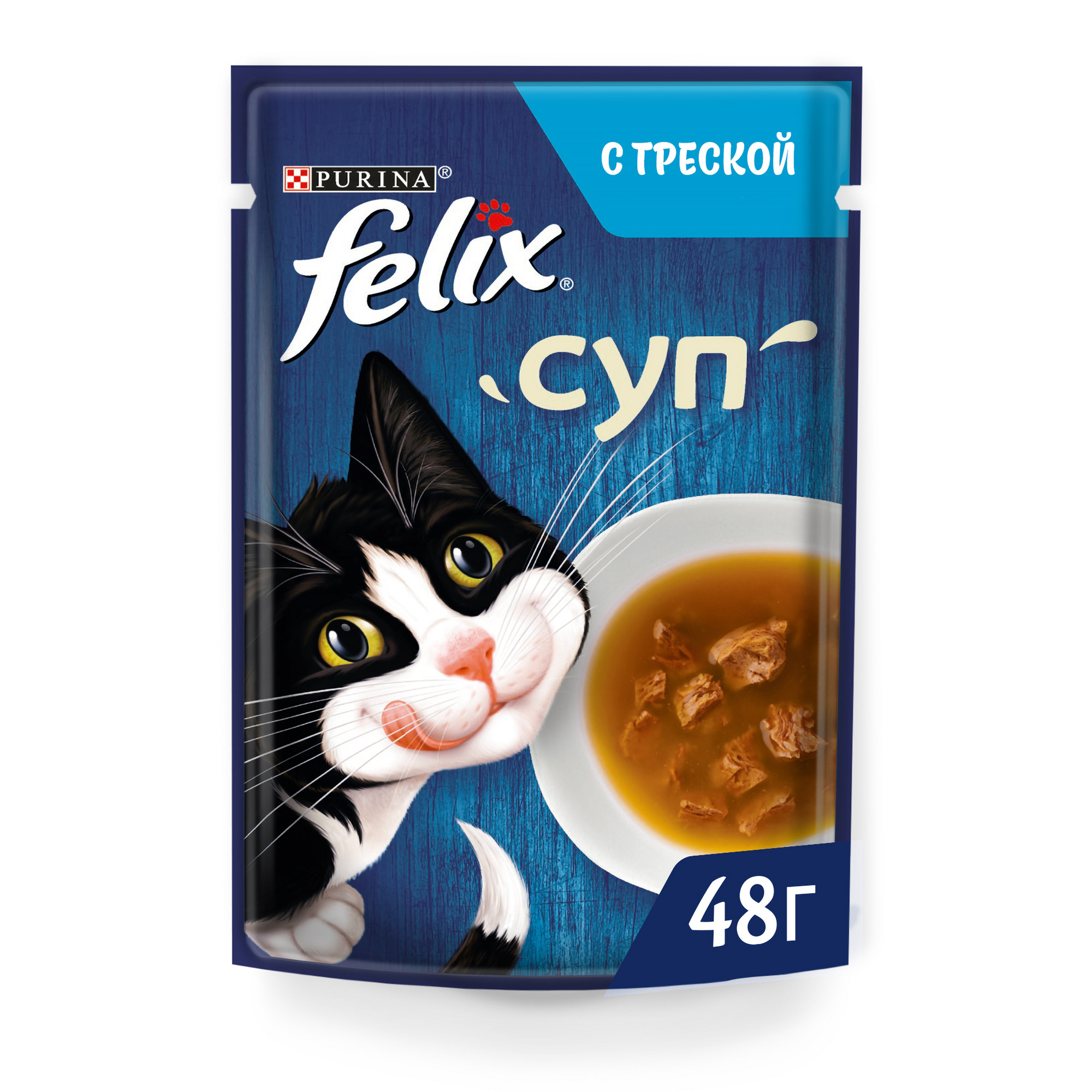 

Влажный корм для кошек Felix Суп, для взрослых, треска, 48г, треска 48 г